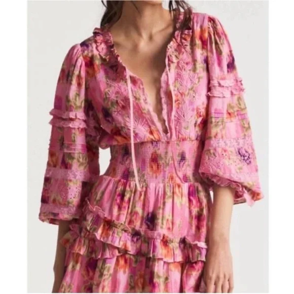 LoveShackFancy Pink Floral Tiered Midi Dress - Picture 9 of 15